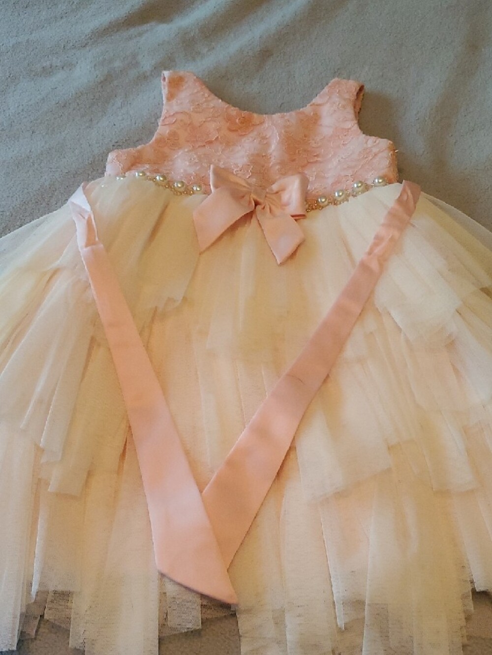 Pink Tulle Layered Girls' Dress with Bow - Picture 2 of 6